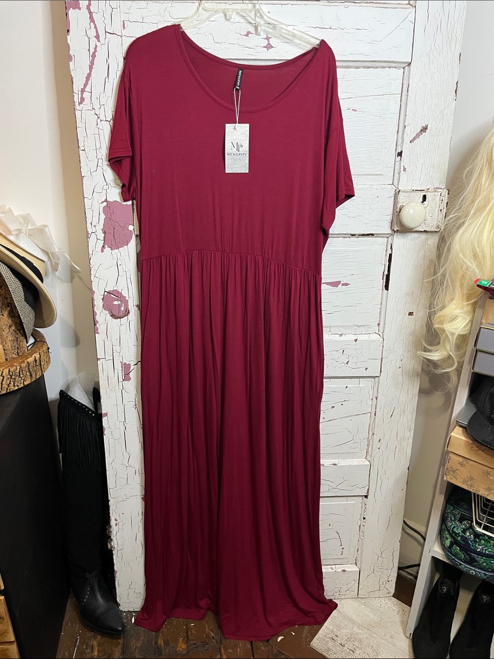 NWT MENGPUPI Burgundy Maxi Dress IN XXXL W/ Pockets Rayon blend